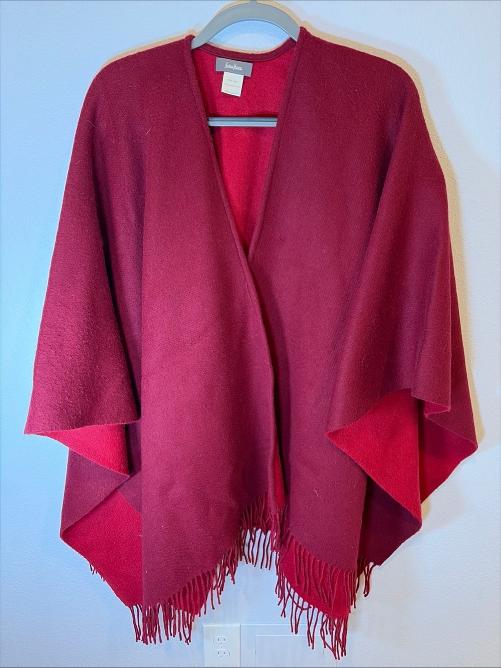 Neiman Marcus Merino Wool Fringe Poncho Wrap Southwestern Luxury Cape Burgundy